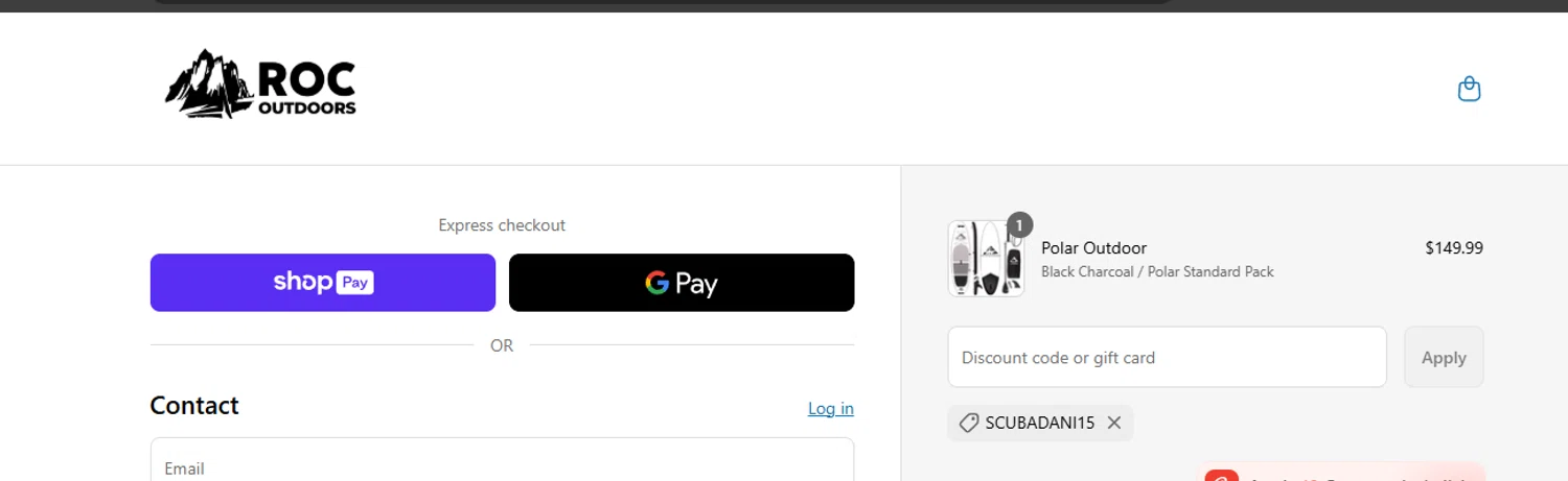 ROC SUP Co. promo code screenshot showing code SCUBADANI15 applied at ROC SUP Co. checkout page. Uploaded by SimplyCodes community member ashe1986 on Jun 12, 2025