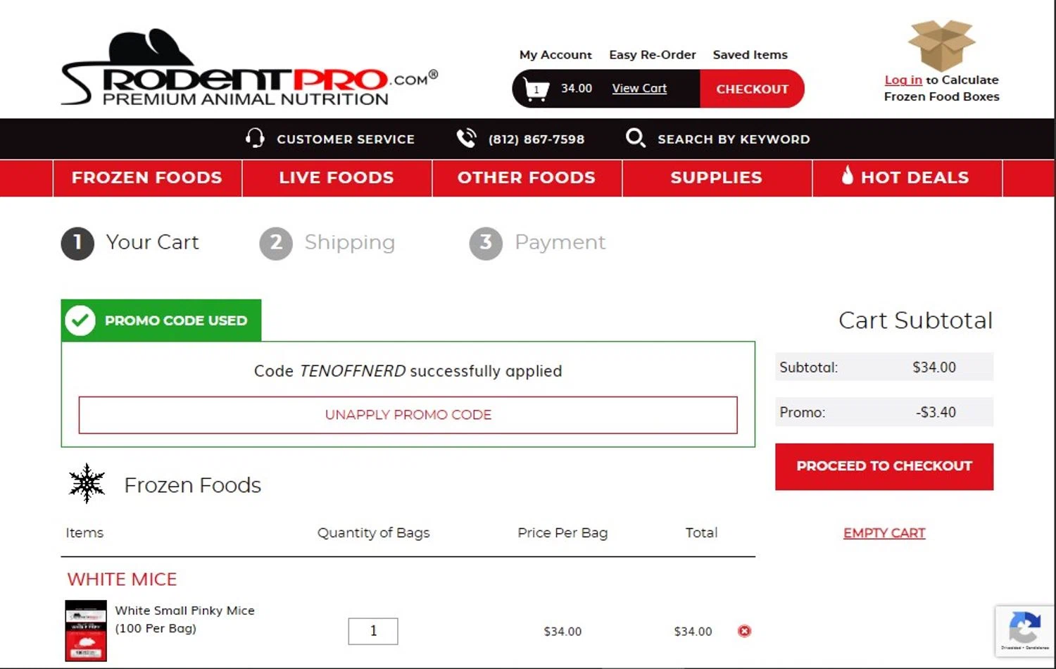 RodentPro.com promo code screenshot showing code TENOFFNERD applied at RodentPro.com checkout page. Uploaded by SimplyCodes community member ScanMaestro644 on Aug 1, 2025