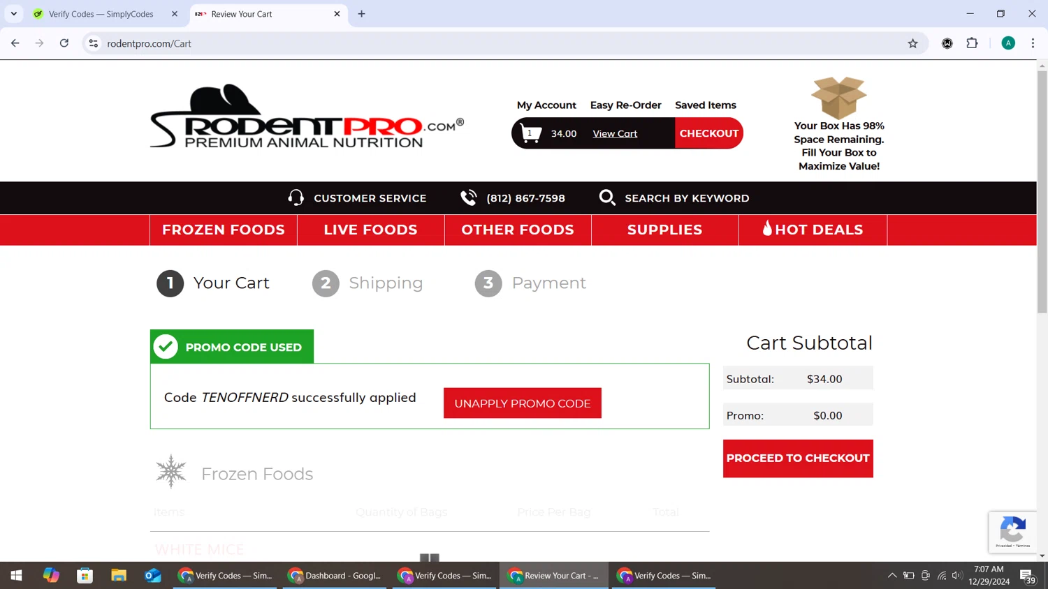 RodentPro.com promo code screenshot showing code TENOFFNERD applied at RodentPro.com checkout page. Uploaded by SimplyCodes community member ShieldHunter3846 on Dec 29, 2024