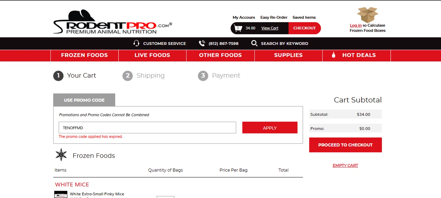 RodentPro.com promo code screenshot showing code TENOFFMD applied at RodentPro.com checkout page. Uploaded by SimplyCodes community member JesusCaballero on Jul 7, 2025