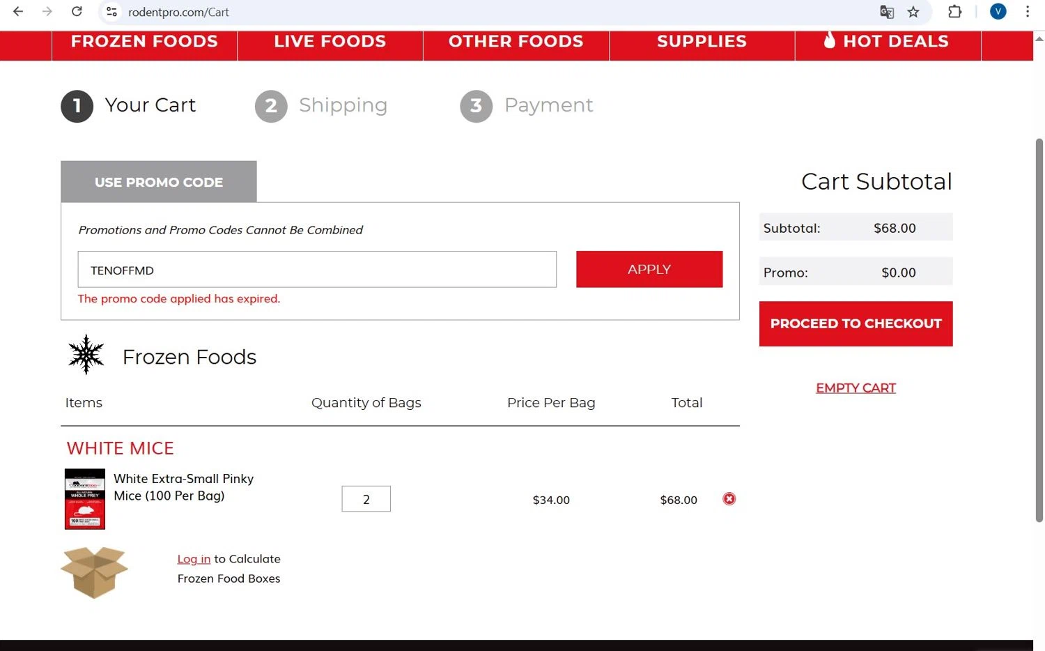 RodentPro.com promo code screenshot showing code TENOFFMD applied at RodentPro.com checkout page. Uploaded by SimplyCodes community member monicyell on Jul 7, 2025
