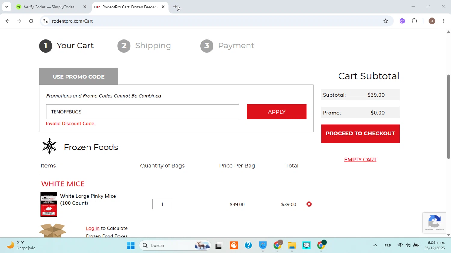 RodentPro.com promo code screenshot showing code TENOFFBUGS applied at RodentPro.com checkout page. Uploaded by SimplyCodes community member ABHF23 on Dec 25, 2025