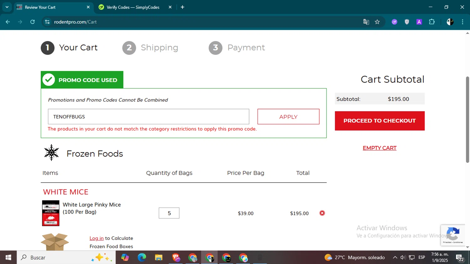 RodentPro.com checkout page showing RodentPro.com promo code box | Screenshot taken by SimplyCodes community member on Sep 1, 2025