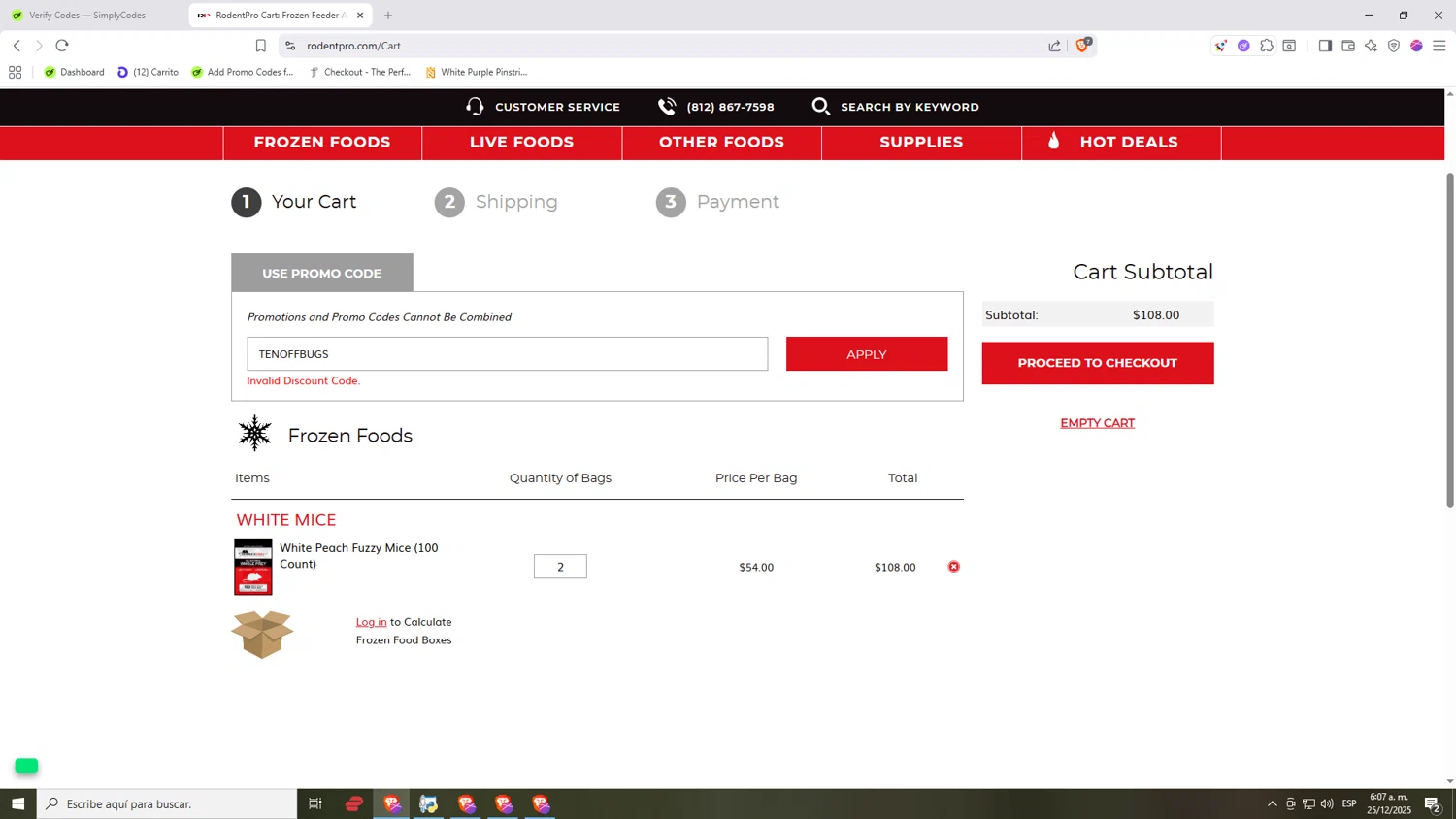 RodentPro.com promo code screenshot showing code TENOFFBUGS applied at RodentPro.com checkout page. Uploaded by SimplyCodes community member Nezukooo on Dec 25, 2025