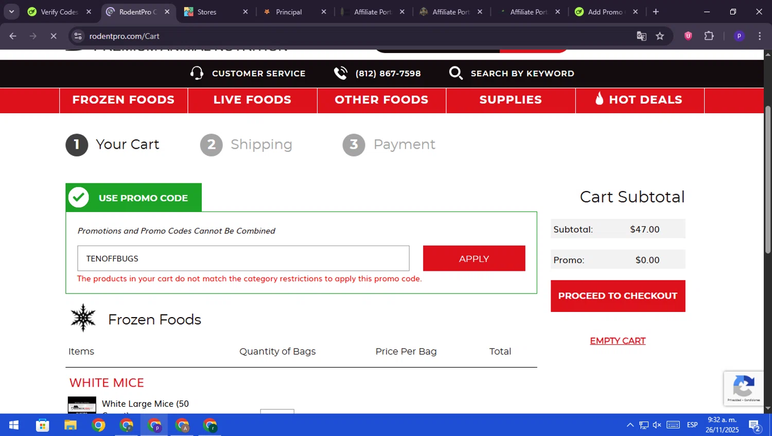 RodentPro.com promo code screenshot showing code TENOFFBUGS applied at RodentPro.com checkout page. Uploaded by SimplyCodes community member RebateScout6612 on Nov 26, 2025