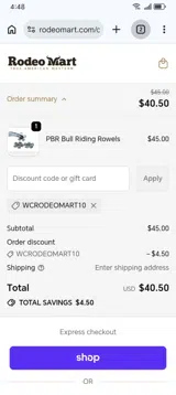 Rodeo Mart coupon verification screenshot