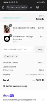 KAYLA15 coupon verification screenshot