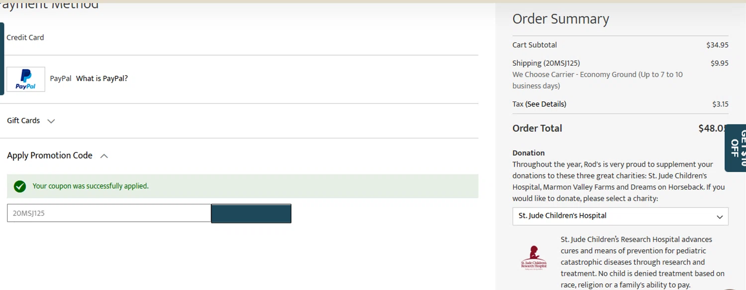 Rod's Western Palace checkout page showing Rod's Western Palace coupon code box | Screenshot taken by SimplyCodes community member on May 4, 2025