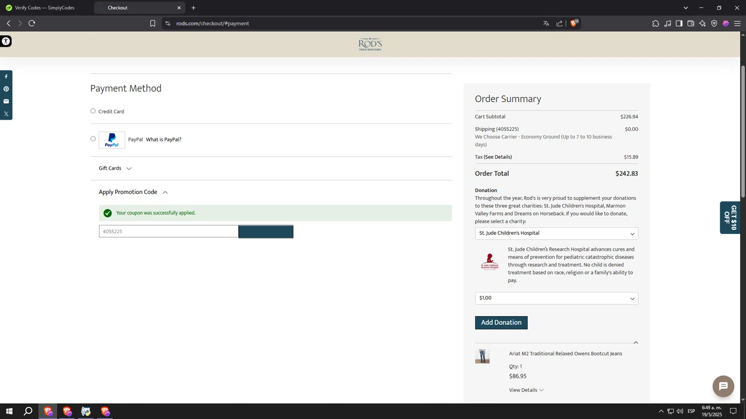 Rod's Western Palace checkout page showing Rod's Western Palace coupon code box | Screenshot taken by SimplyCodes community member on May 19, 2025
