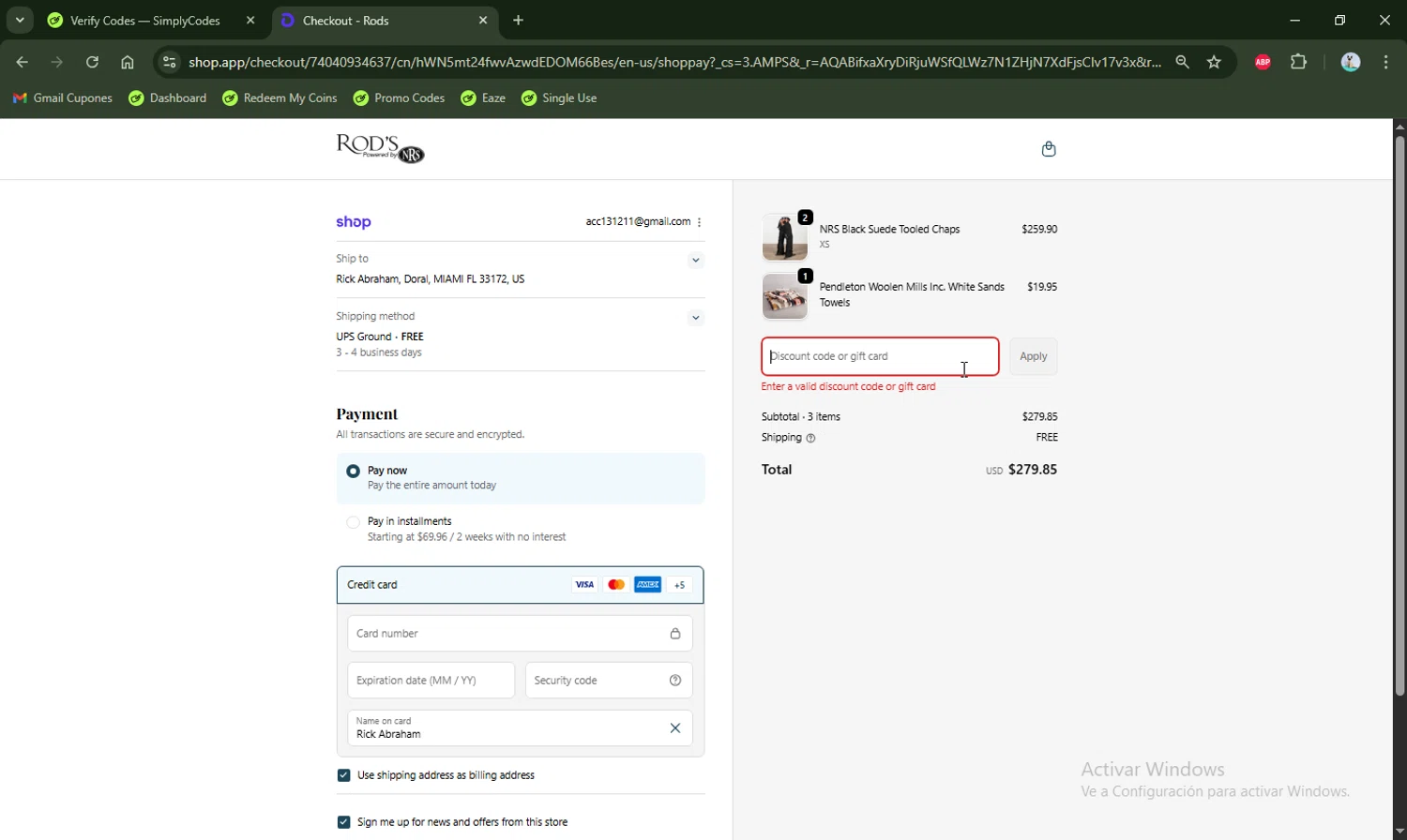 Rod's Western Palace coupon code screenshot showing code nov25ft applied at Rod's Western Palace checkout page. Uploaded by SimplyCodes community member LHaunter2 on Nov 30, 2025
