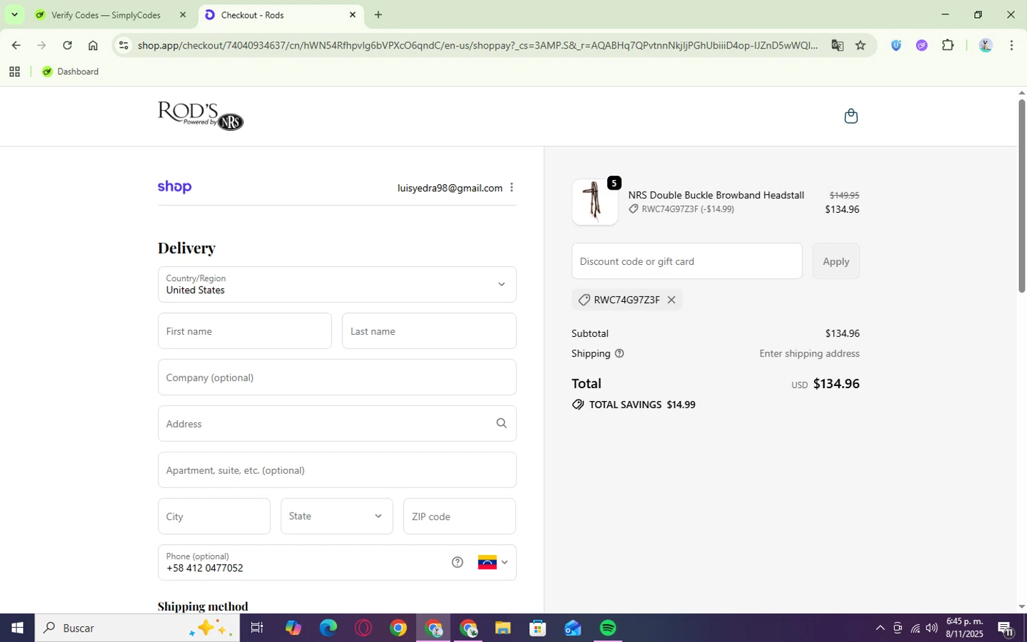 Rod's Western Palace coupon code screenshot showing code RWC74G97Z3F applied at Rod's Western Palace checkout page. Uploaded by SimplyCodes community member Tsubaki on Nov 8, 2025