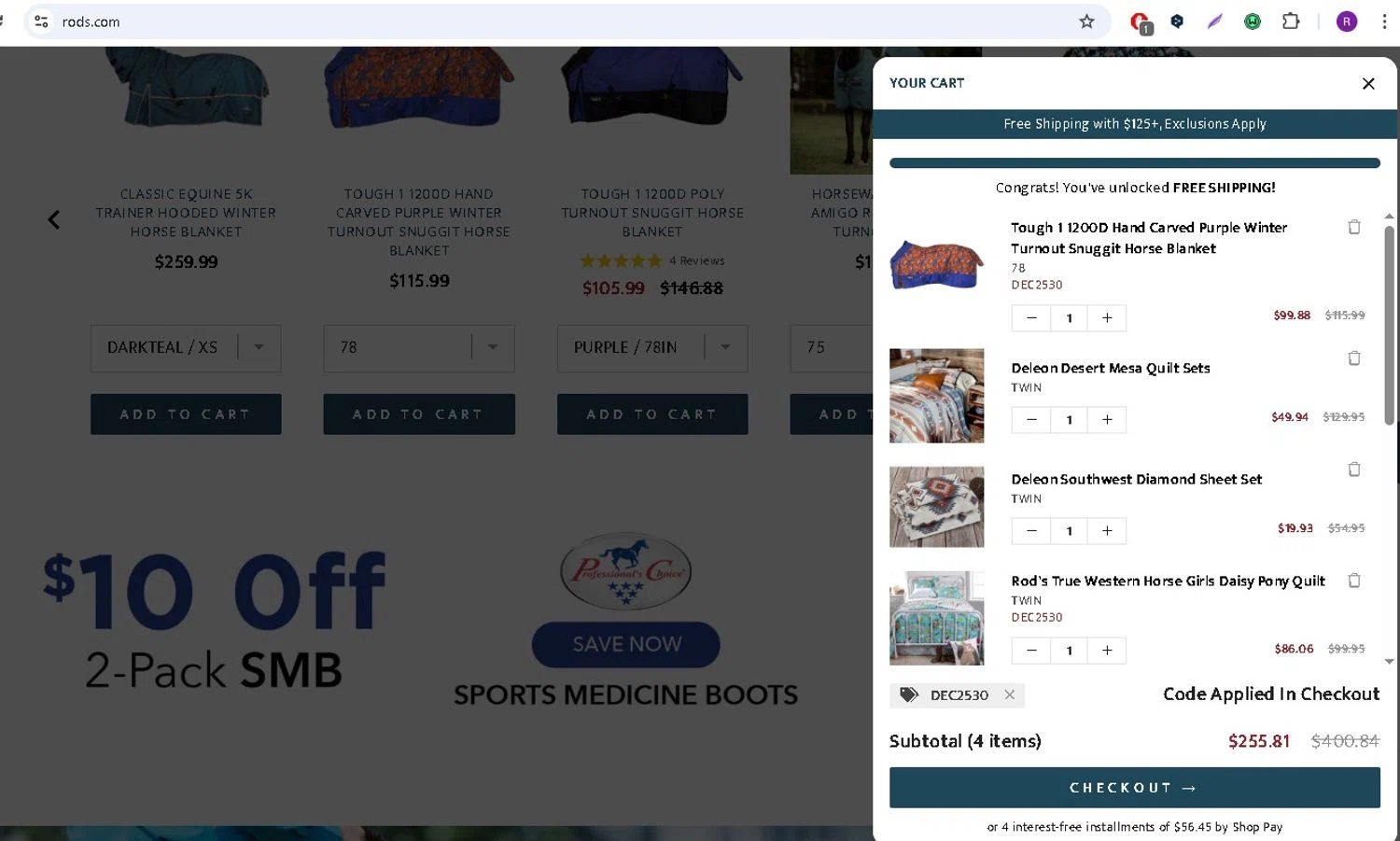 Rod's Western Palace coupon code screenshot showing code DEC2530 applied at Rod's Western Palace checkout page. Uploaded by SimplyCodes community member LAMINEJAMAL on Dec 29, 2025