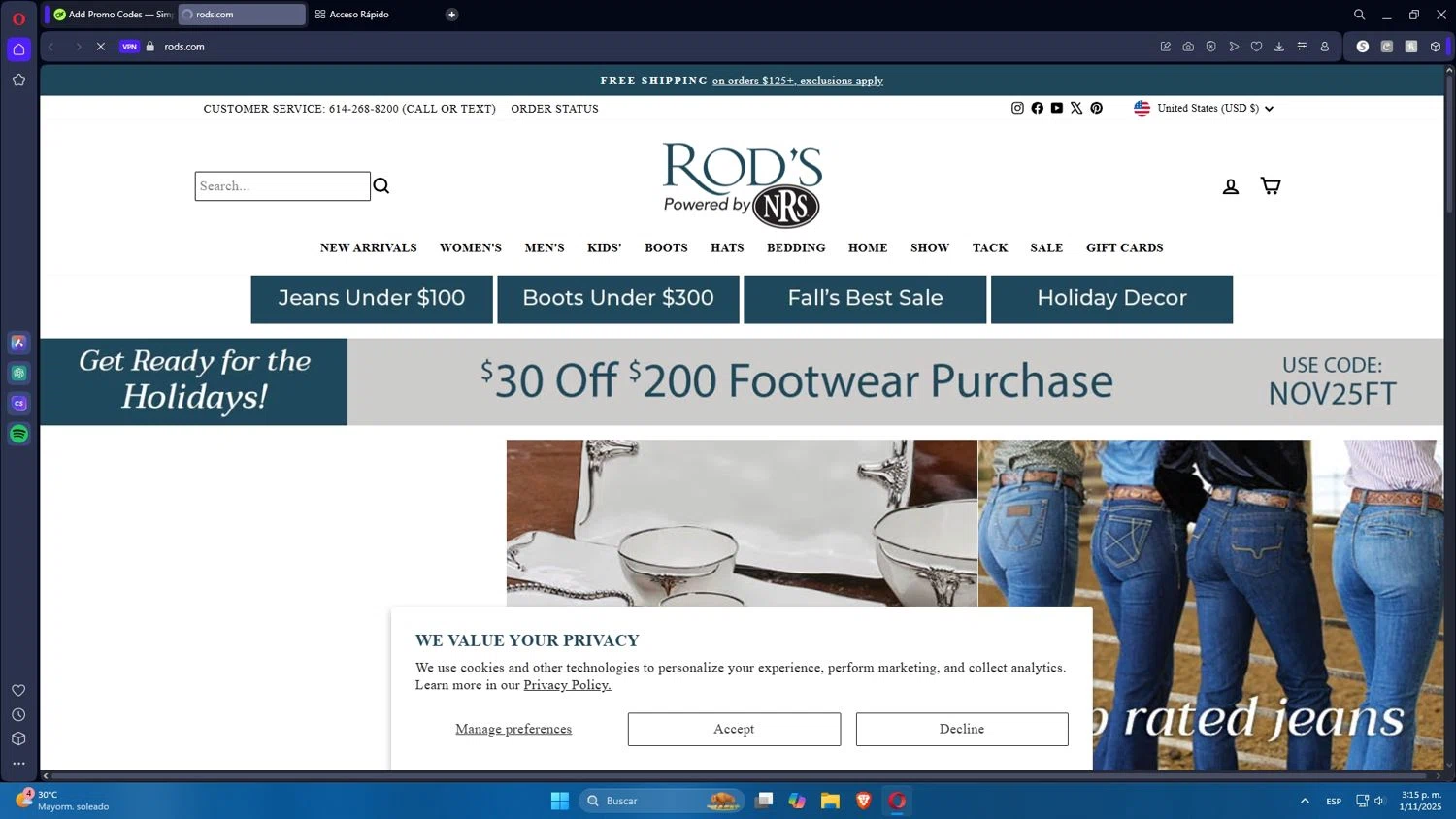 Rod's Western Palace coupon code screenshot showing code nov25ft applied at Rod's Western Palace checkout page. Uploaded by SimplyCodes community member Mdeoca on Nov 1, 2025