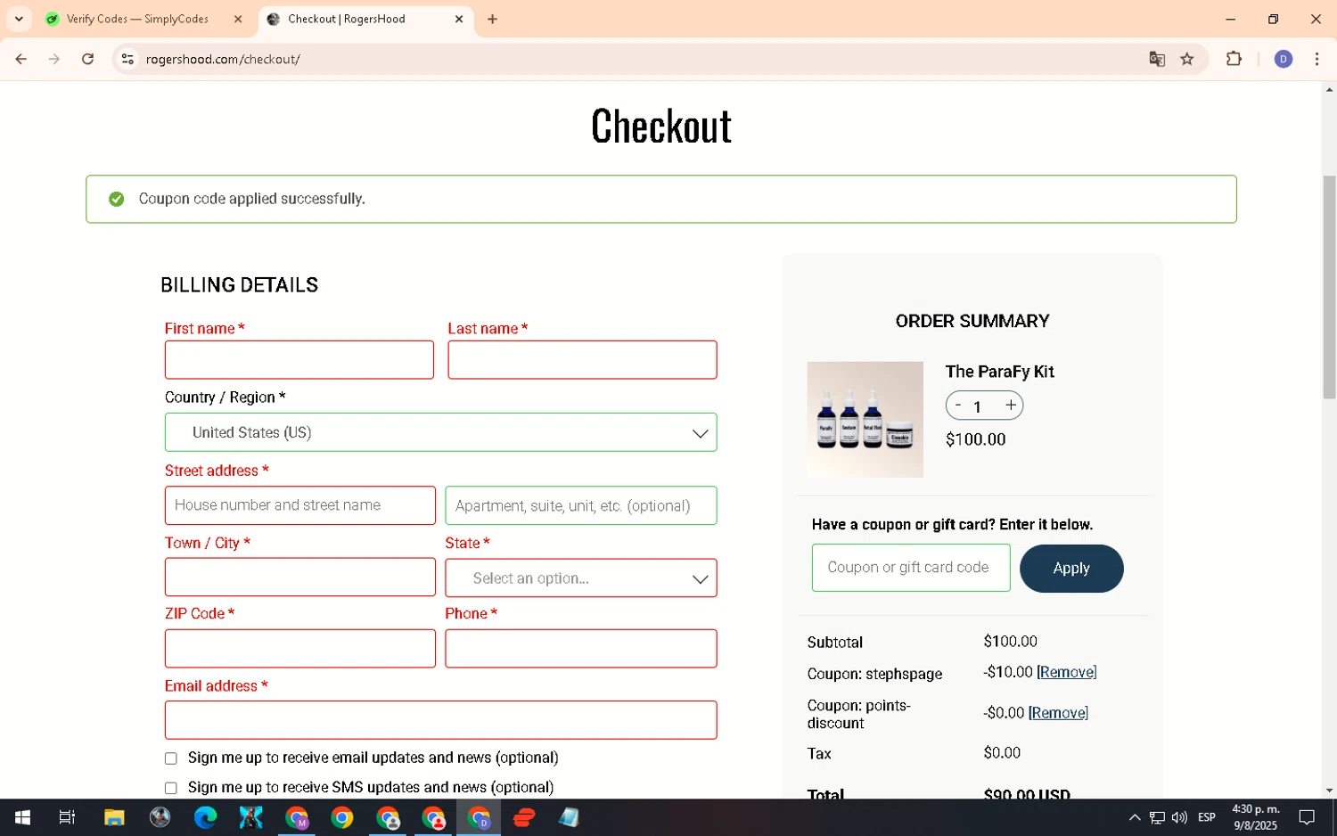 RogersHood discount code screenshot showing code STEPHSPAGE applied at RogersHood checkout page. Uploaded by SimplyCodes community member PennyCurator6489 on Aug 9, 2025