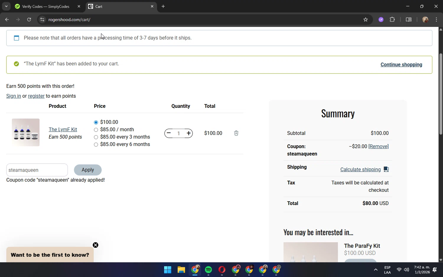 RogersHood checkout page showing RogersHood discount code box | Screenshot taken by SimplyCodes community member on Feb 1, 2026