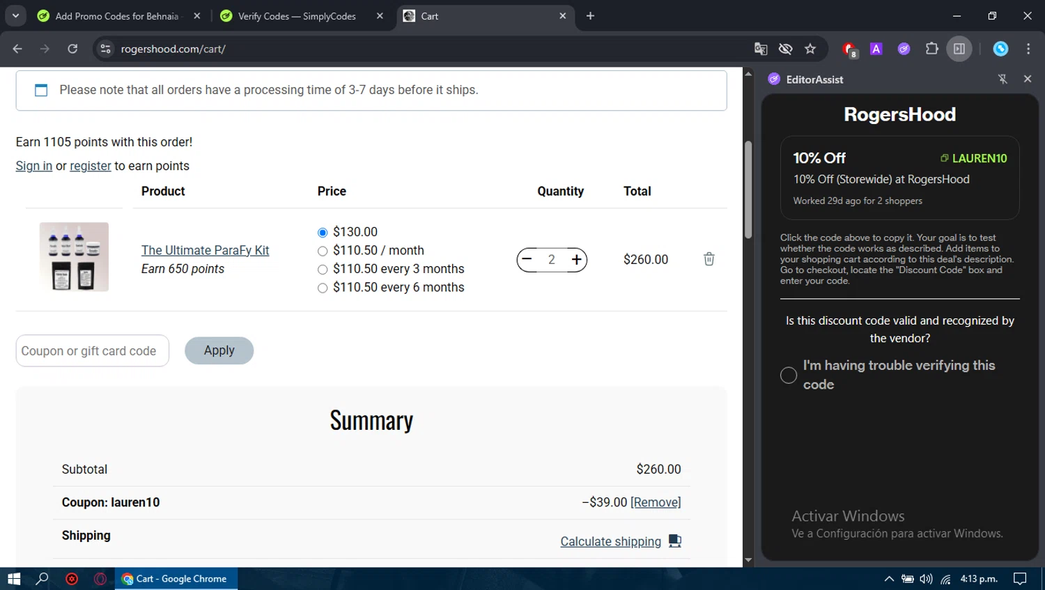 RogersHood discount code screenshot showing code lauren10 applied at RogersHood checkout page. Uploaded by SimplyCodes community member rosamiranda on Nov 2, 2025