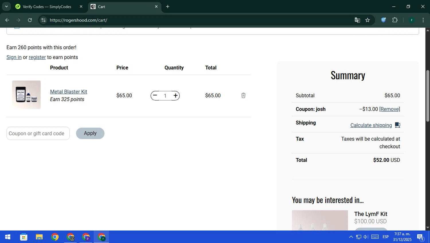 RogersHood discount code screenshot showing code JOSH applied at RogersHood checkout page. Uploaded by SimplyCodes community member rodri1 on Dec 31, 2025