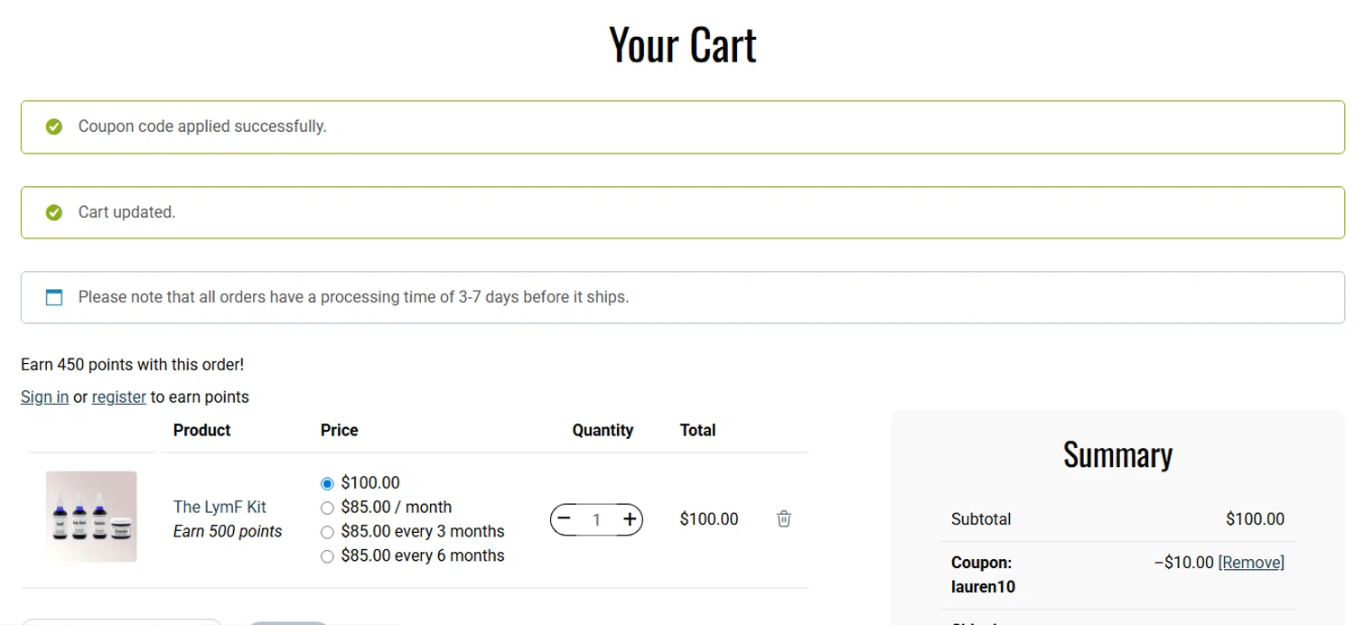 RogersHood discount code screenshot showing code lauren10 applied at RogersHood checkout page. Uploaded by SimplyCodes community member shark12 on Oct 4, 2025