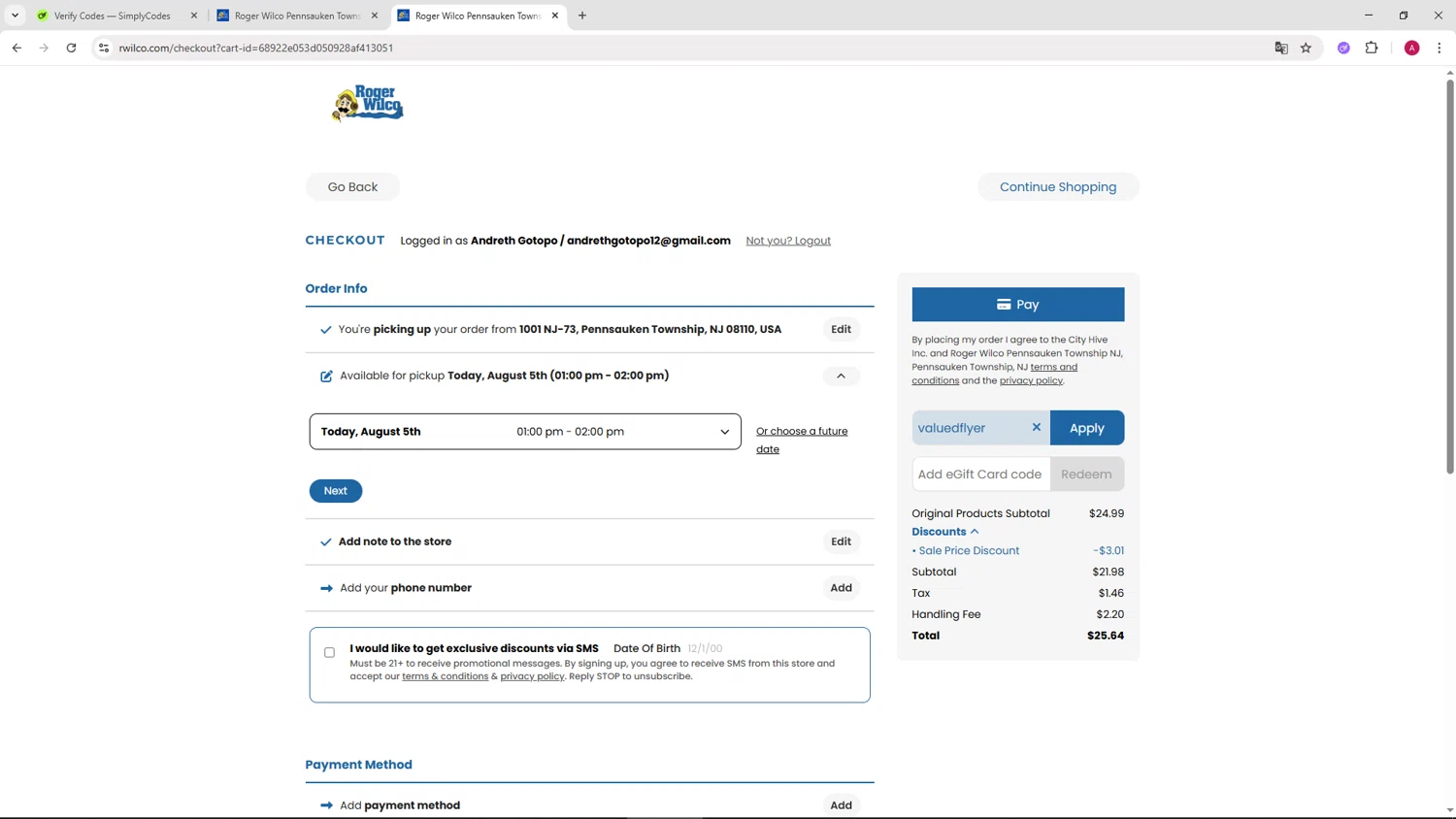 Roger Wilco Liquors checkout page showing Roger Wilco Liquors promo code box | Screenshot taken by SimplyCodes community member on Aug 5, 2025