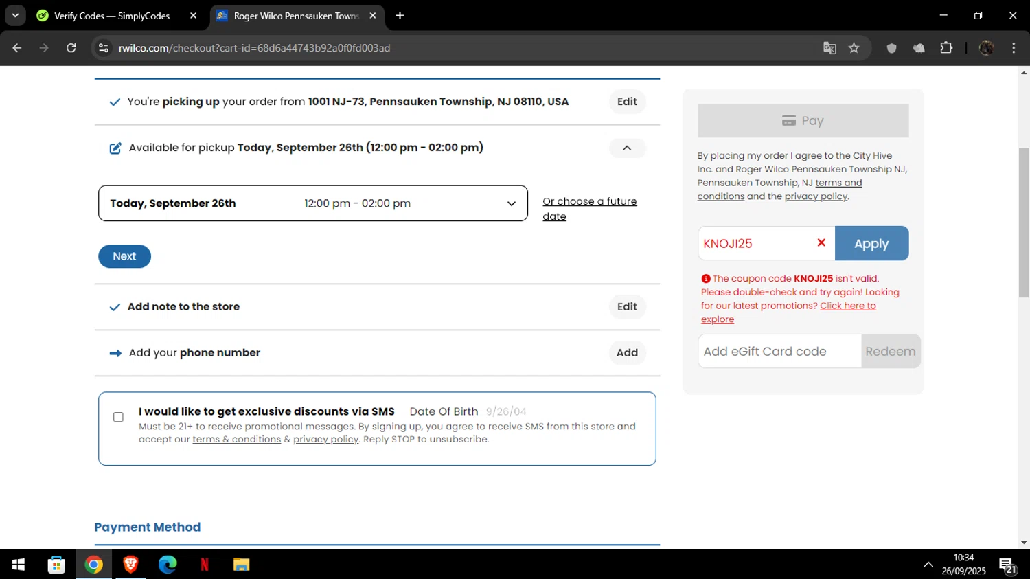 Roger Wilco Liquors promo code screenshot showing code valuedflyer applied at Roger Wilco Liquors checkout page. Uploaded by SimplyCodes community member Luckystrike on Sep 26, 2025