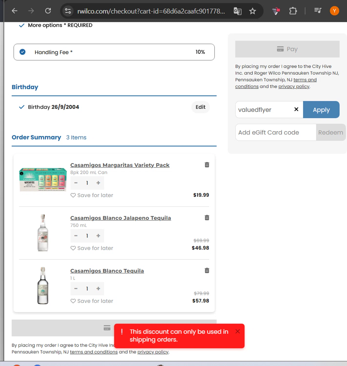 Roger Wilco Liquors promo code screenshot showing code valuedflyer applied at Roger Wilco Liquors checkout page. Uploaded by SimplyCodes community member TheYeffry on Sep 26, 2025