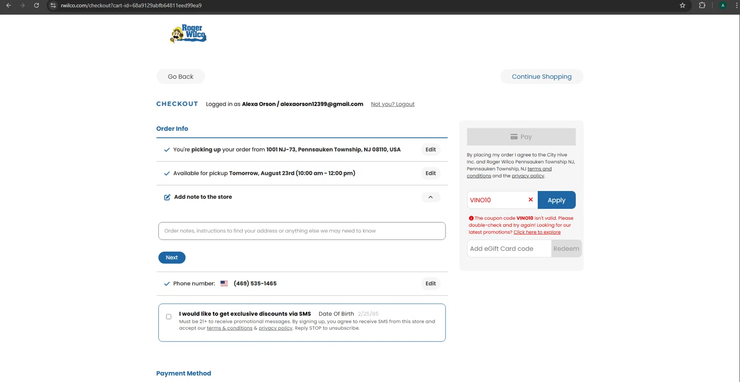 Roger Wilco Liquors promo code screenshot showing code VINO10 applied at Roger Wilco Liquors checkout page. Uploaded by SimplyCodes community member CoinGuardian4017 on Aug 23, 2025
