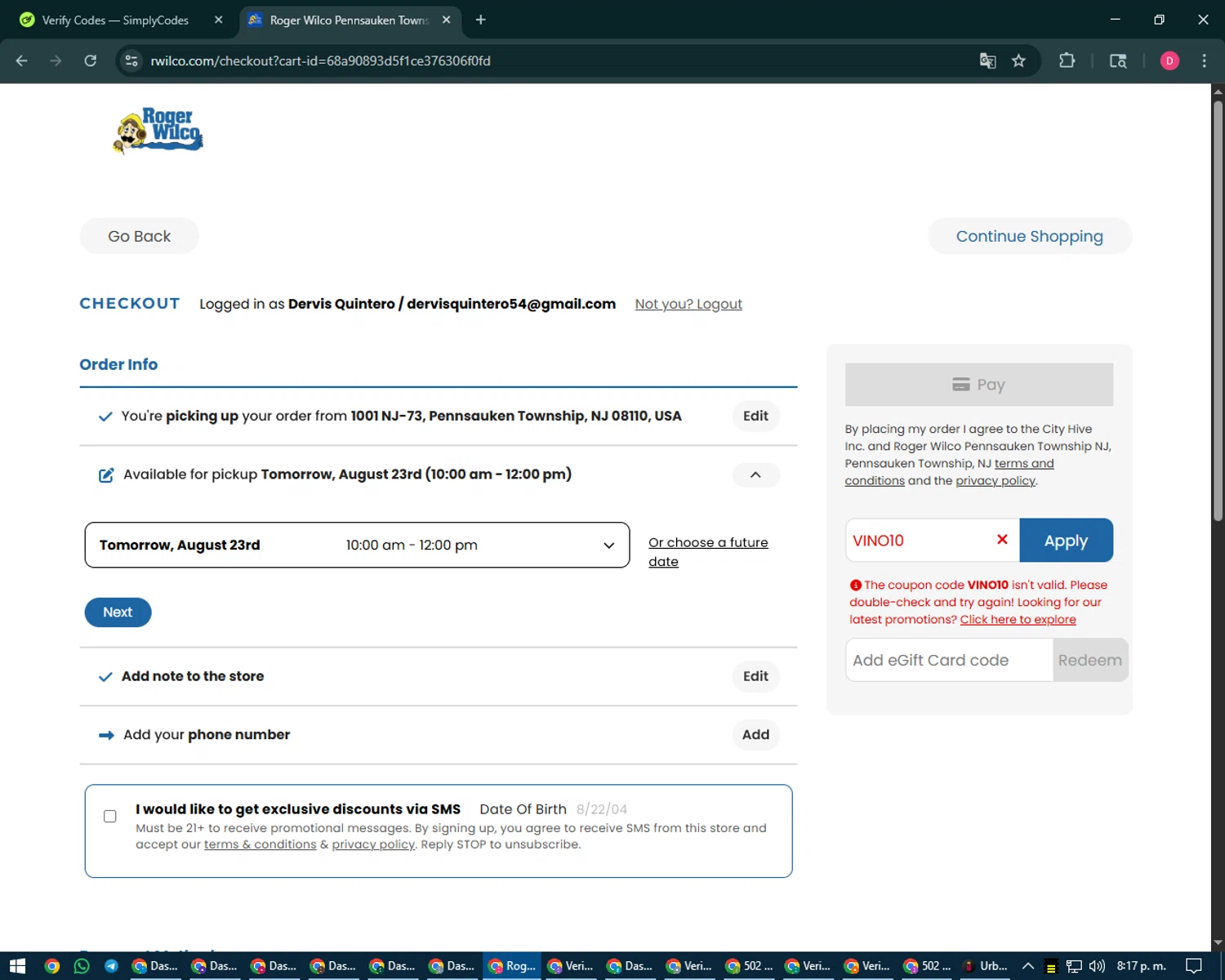Roger Wilco Liquors promo code screenshot showing code VINO10 applied at Roger Wilco Liquors checkout page. Uploaded by SimplyCodes community member MoneySeeker7165 on Aug 23, 2025
