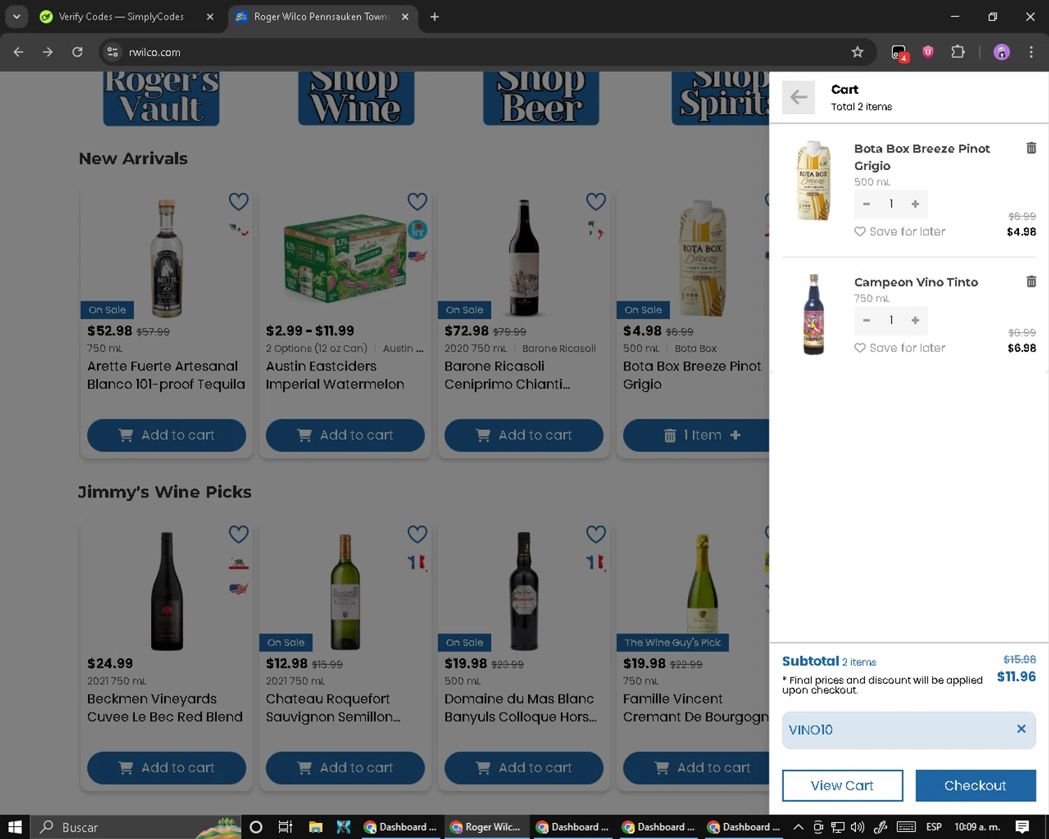 Roger Wilco Liquors promo code screenshot showing code VINO10 applied at Roger Wilco Liquors checkout page. Uploaded by SimplyCodes community member PromoScout8746 on Aug 23, 2025
