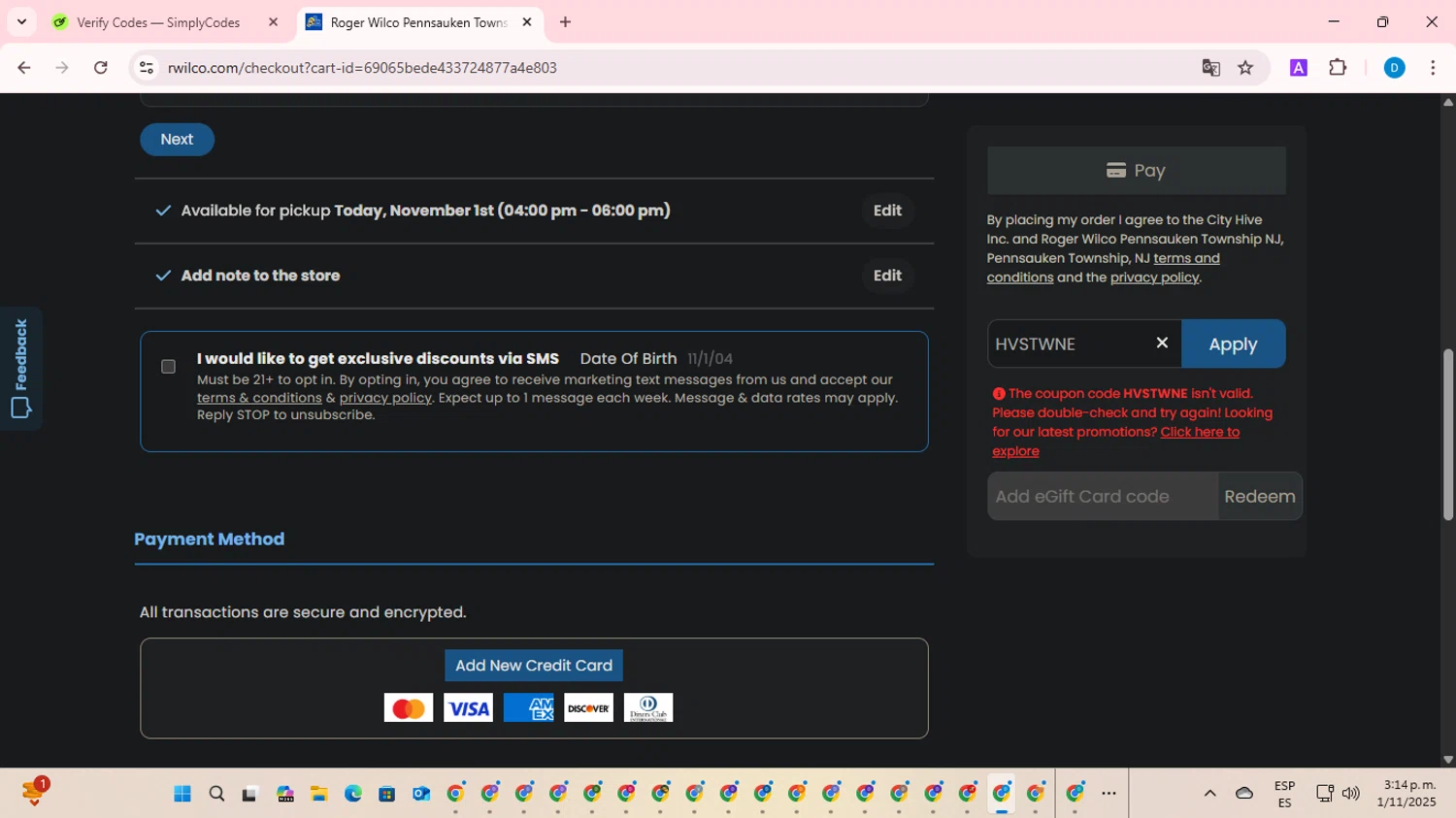 Roger Wilco Liquors promo code screenshot showing code HVSTWNE applied at Roger Wilco Liquors checkout page. Uploaded by SimplyCodes community member saltediosteve on Nov 1, 2025