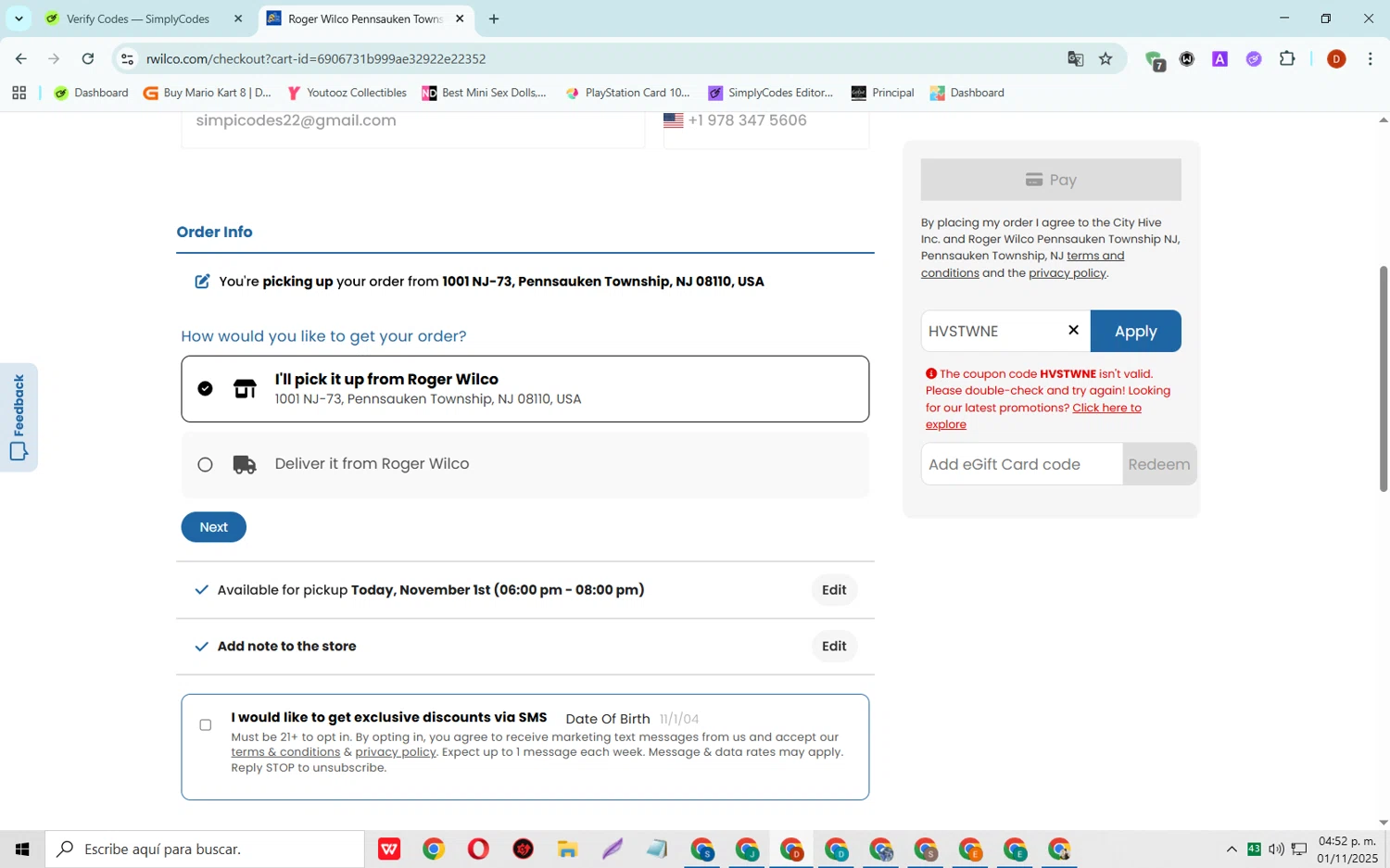 Roger Wilco Liquors promo code screenshot showing code HVSTWNE applied at Roger Wilco Liquors checkout page. Uploaded by SimplyCodes community member SaleSaver3540 on Nov 1, 2025