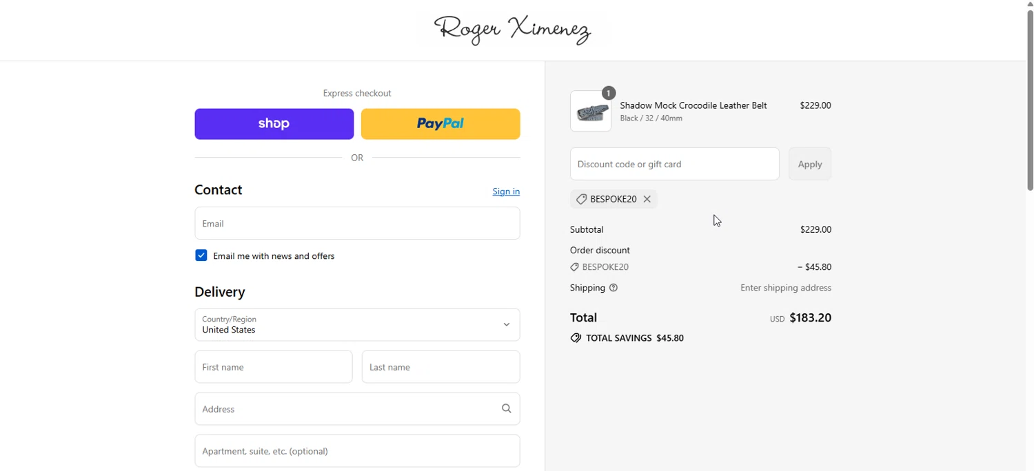 Roger Ximenez discount code screenshot showing code BESPOKE20 applied at Roger Ximenez checkout page. Uploaded by SimplyCodes community member Franklincodes on Sep 14, 2025