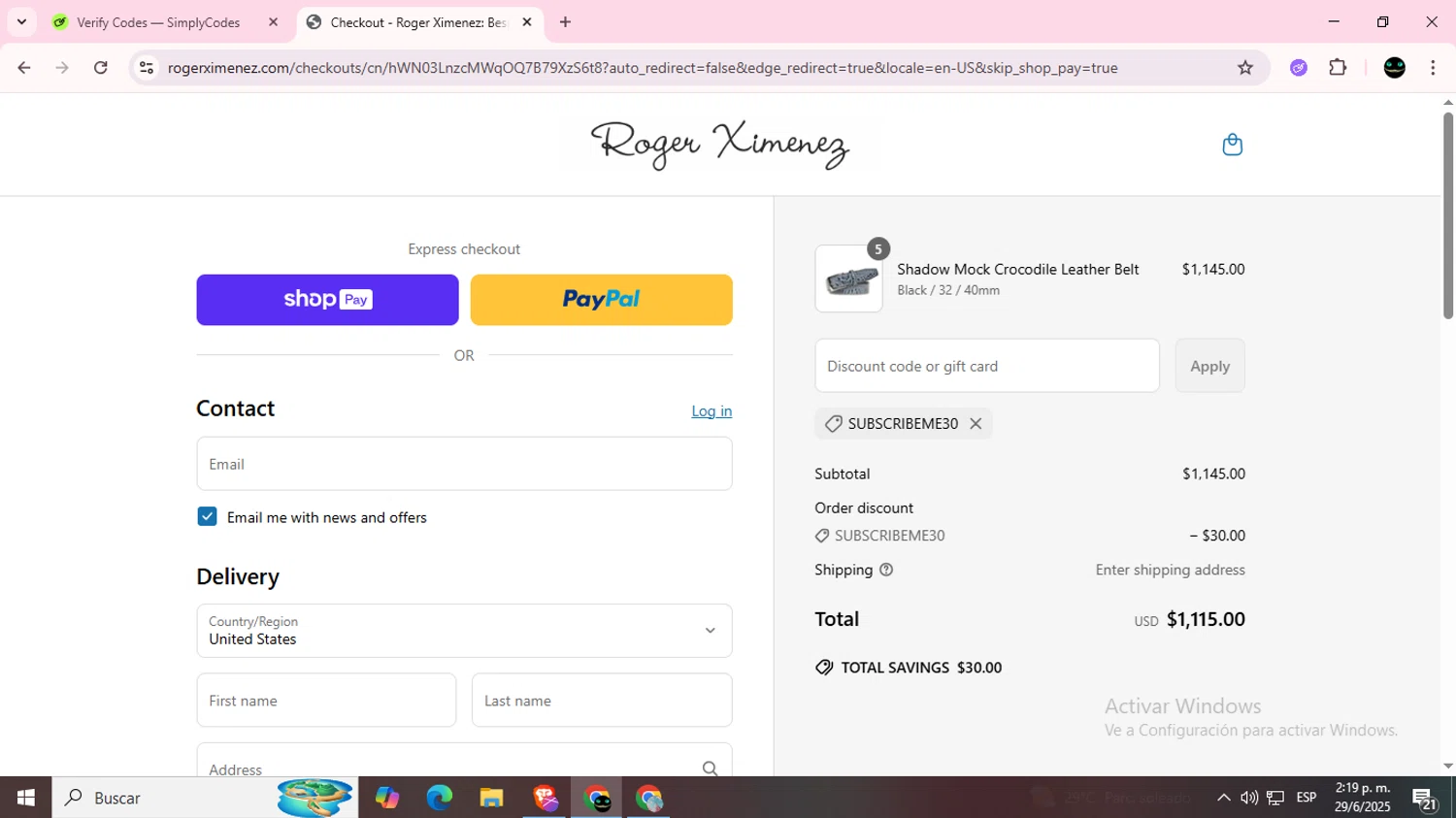 Roger Ximenez discount code screenshot showing code SUBSCRIBEME30 applied at Roger Ximenez checkout page. Uploaded by SimplyCodes community member BargainWizard5755 on Jun 29, 2025