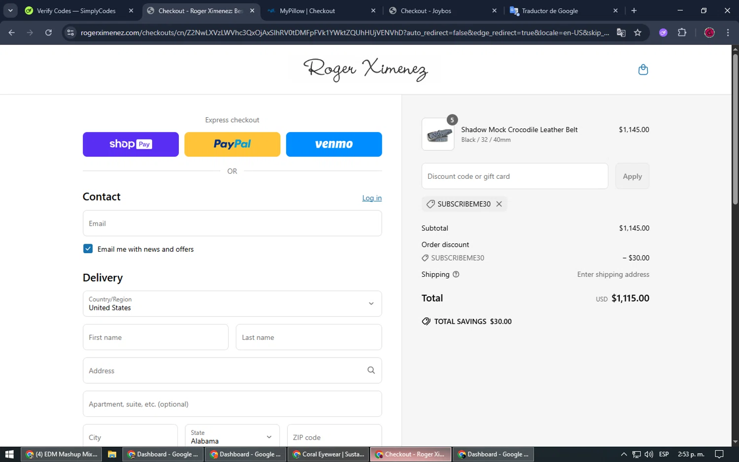 Roger Ximenez discount code screenshot showing code SUBSCRIBEME30 applied at Roger Ximenez checkout page. Uploaded by SimplyCodes community member SrSolomon on Jun 14, 2025