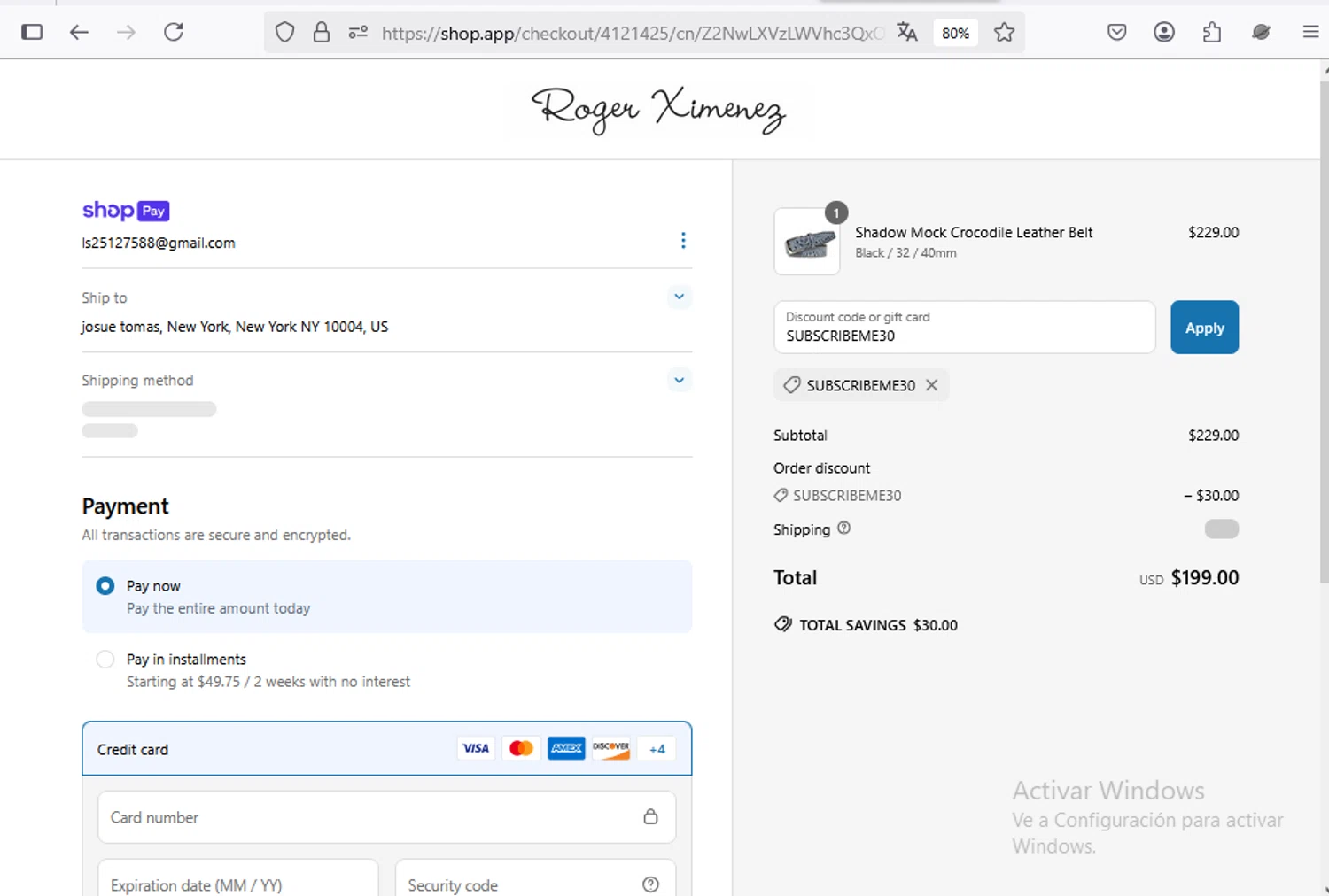 Roger Ximenez discount code screenshot showing code SUBSCRIBEME30 applied at Roger Ximenez checkout page. Uploaded by SimplyCodes community member Francisco01 on Apr 3, 2025