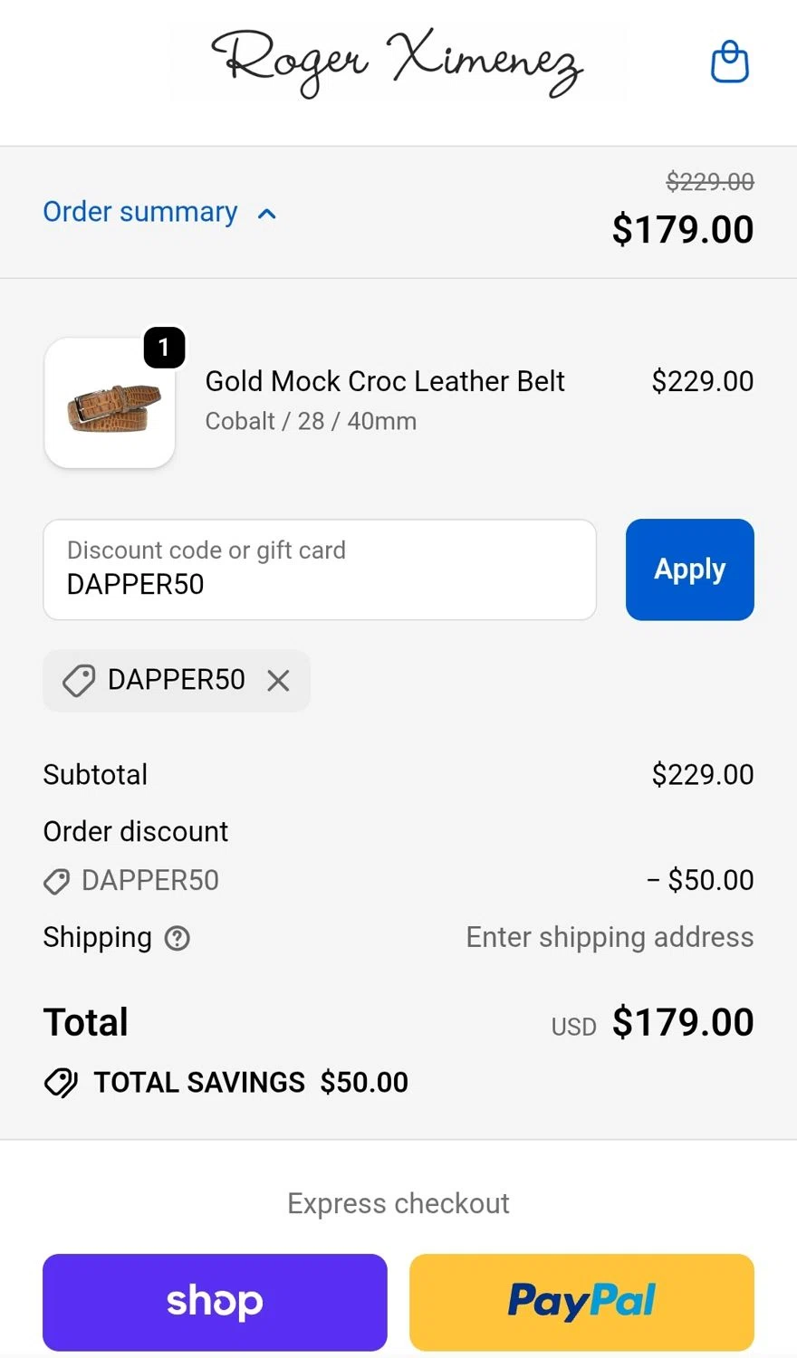 Roger Ximenez discount code screenshot showing code DAPPER50 applied at Roger Ximenez checkout page. Uploaded by SimplyCodes community member JuanMonge on Nov 12, 2025