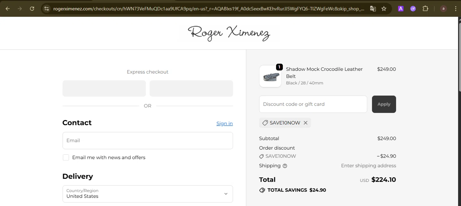 Roger Ximenez checkout page showing Roger Ximenez discount code box | Screenshot taken by SimplyCodes community member on Dec 31, 2025
