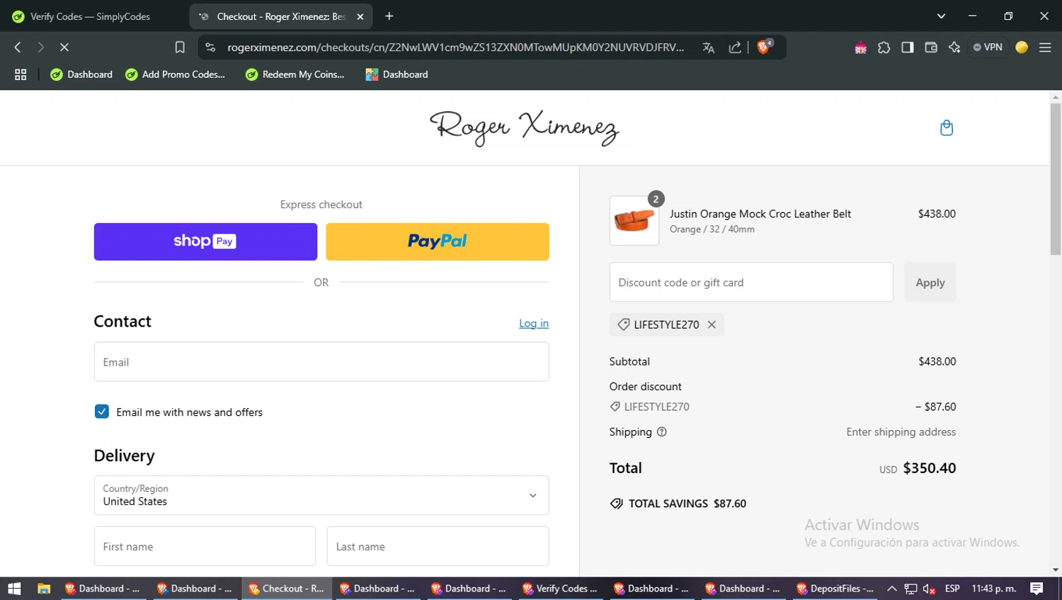 Roger Ximenez discount code screenshot showing code LIFESTYLE270 applied at Roger Ximenez checkout page. Uploaded by SimplyCodes community member VENDOCOCA on Jan 21, 2025