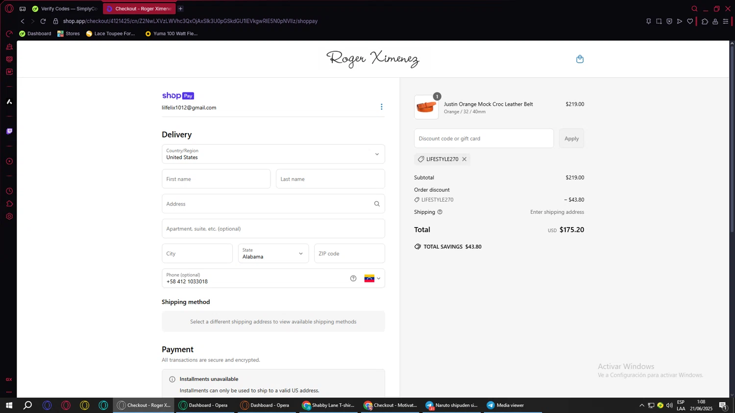 Roger Ximenez discount code screenshot showing code LIFESTYLE270 applied at Roger Ximenez checkout page. Uploaded by SimplyCodes community member ValueWarden4201 on Jun 20, 2025