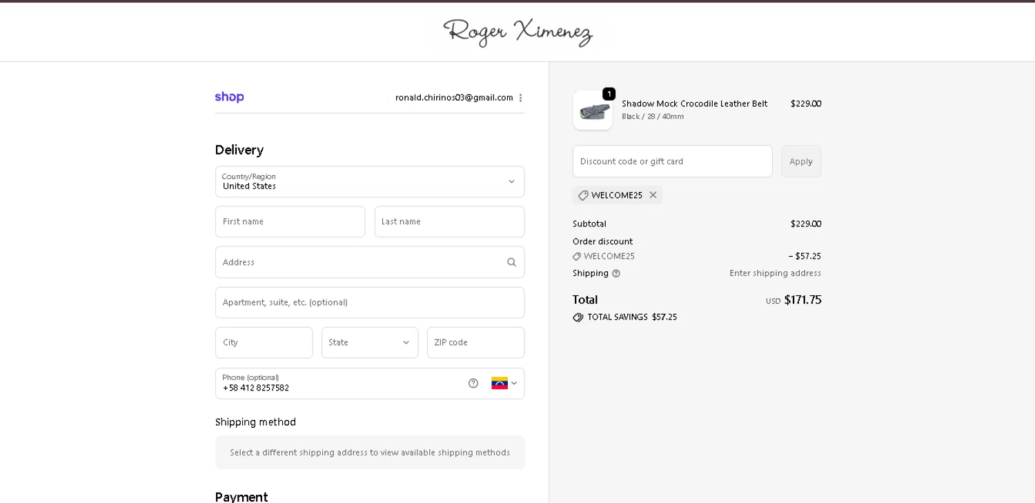 Roger Ximenez discount code screenshot showing code welcome25 applied at Roger Ximenez checkout page. Uploaded by SimplyCodes community member CodeExpert7814 on Dec 2, 2025