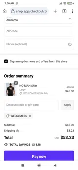 WELCOME25 coupon verification screenshot