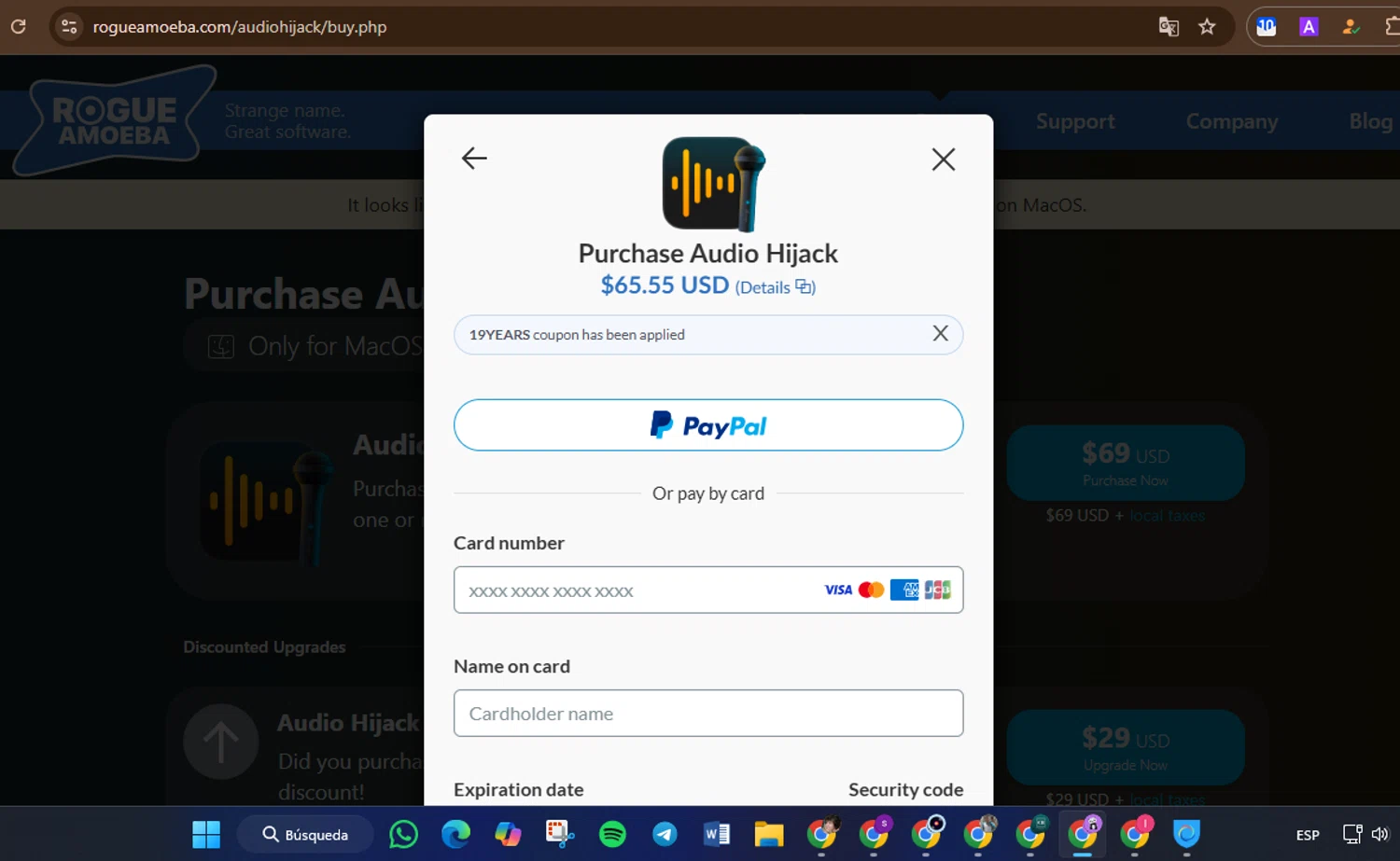 Rogue Amoeba promo code screenshot showing code 19YEARS applied at Rogue Amoeba checkout page. Uploaded by SimplyCodes community member GoldLynx7797 on Mar 23, 2025