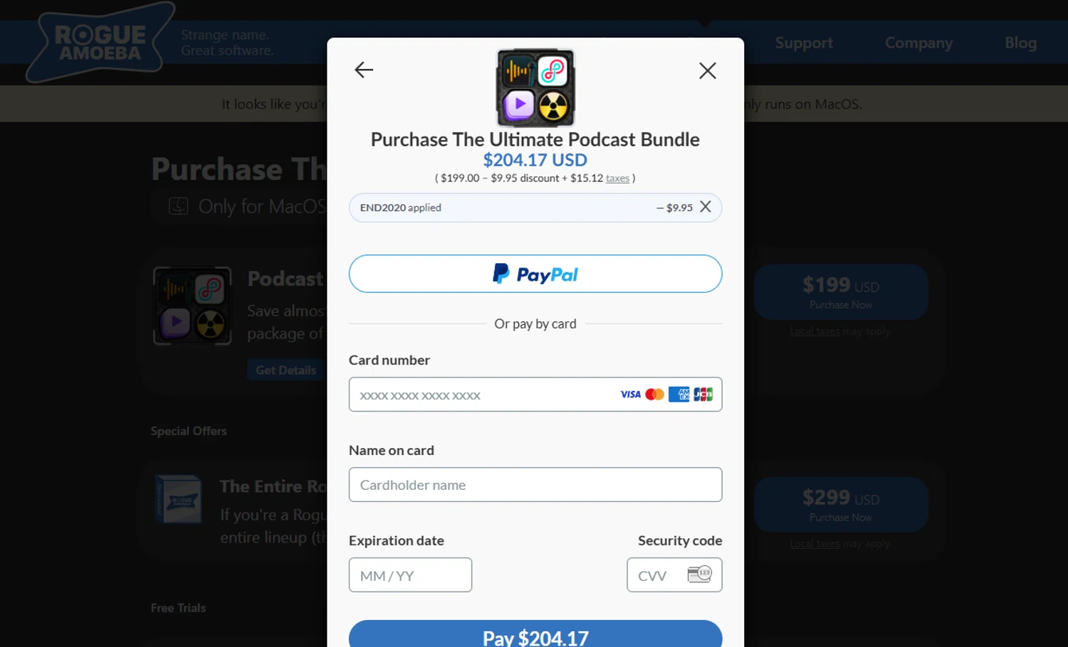 Rogue Amoeba promo code screenshot showing code END2020 applied at Rogue Amoeba checkout page. Uploaded by SimplyCodes community member FrugalKnight782 on Jul 30, 2025