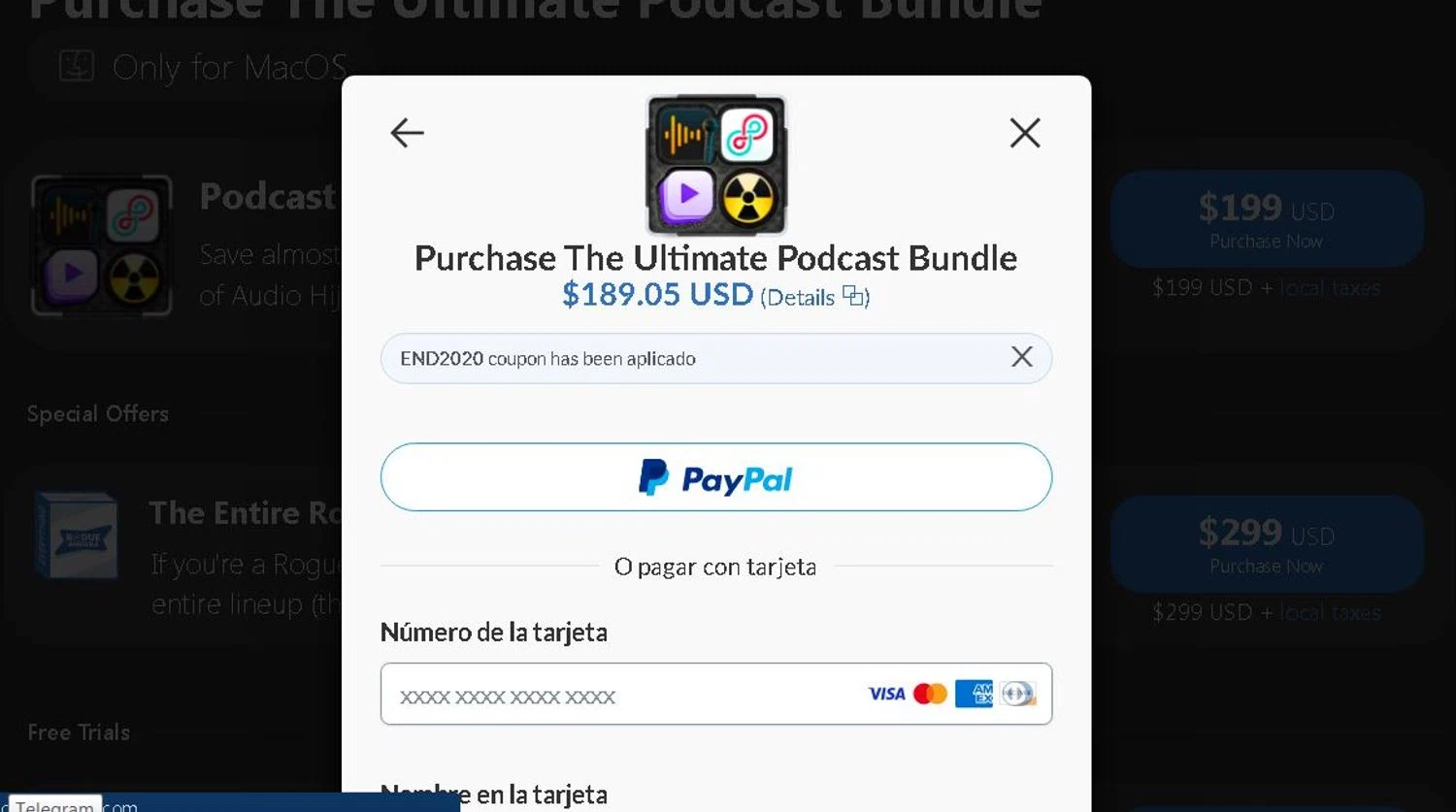 Rogue Amoeba promo code screenshot showing code END2020 applied at Rogue Amoeba checkout page. Uploaded by SimplyCodes community member SmartSaver7916 on Mar 30, 2025