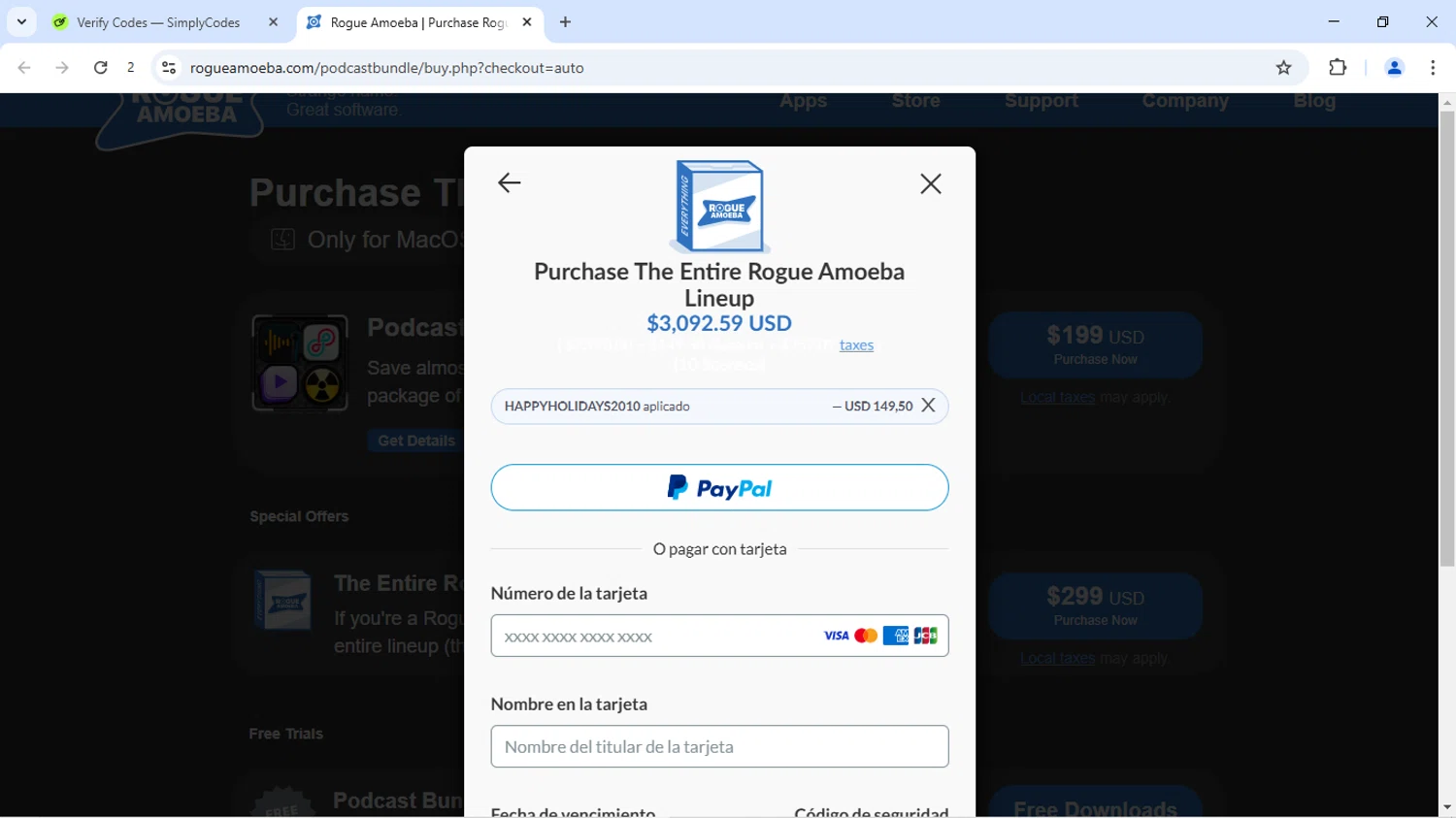 Rogue Amoeba promo code screenshot showing code HAPPYHOLIDAYS2010 applied at Rogue Amoeba checkout page. Uploaded by SimplyCodes community member Alaia2026 on Jun 4, 2025