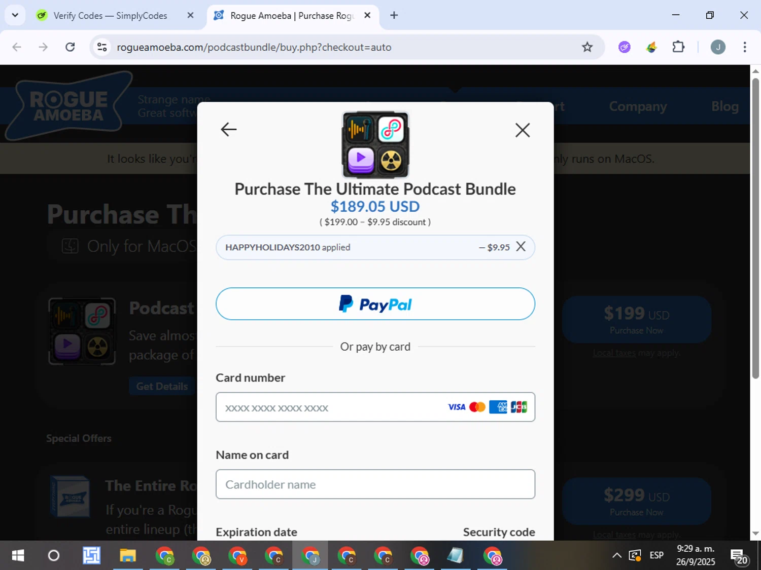 Rogue Amoeba promo code screenshot showing code HAPPYHOLIDAYS2010 applied at Rogue Amoeba checkout page. Uploaded by SimplyCodes community member ValueTracker8384 on Sep 26, 2025