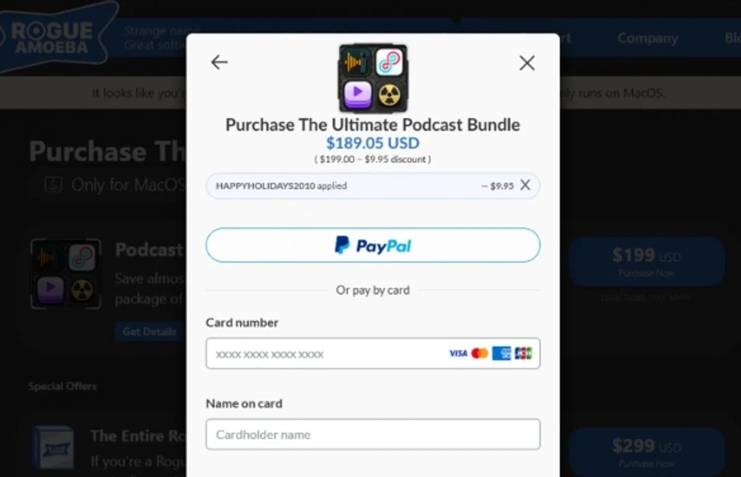Rogue Amoeba promo code screenshot showing code HAPPYHOLIDAYS2010 applied at Rogue Amoeba checkout page. Uploaded by SimplyCodes community member swiftie on Oct 25, 2025