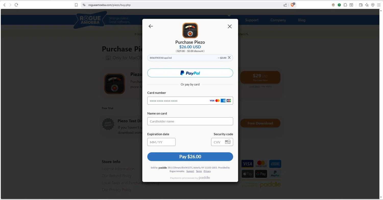 Rogue Amoeba checkout page showing Rogue Amoeba promo code box | Screenshot taken by SimplyCodes community member on Jan 3, 2026