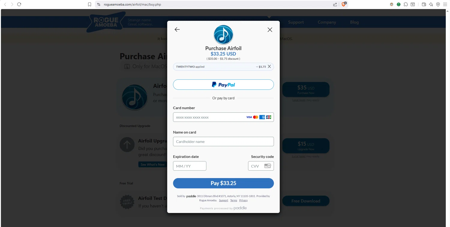 Rogue Amoeba checkout page showing Rogue Amoeba promo code box | Screenshot taken by SimplyCodes community member on Jan 3, 2026