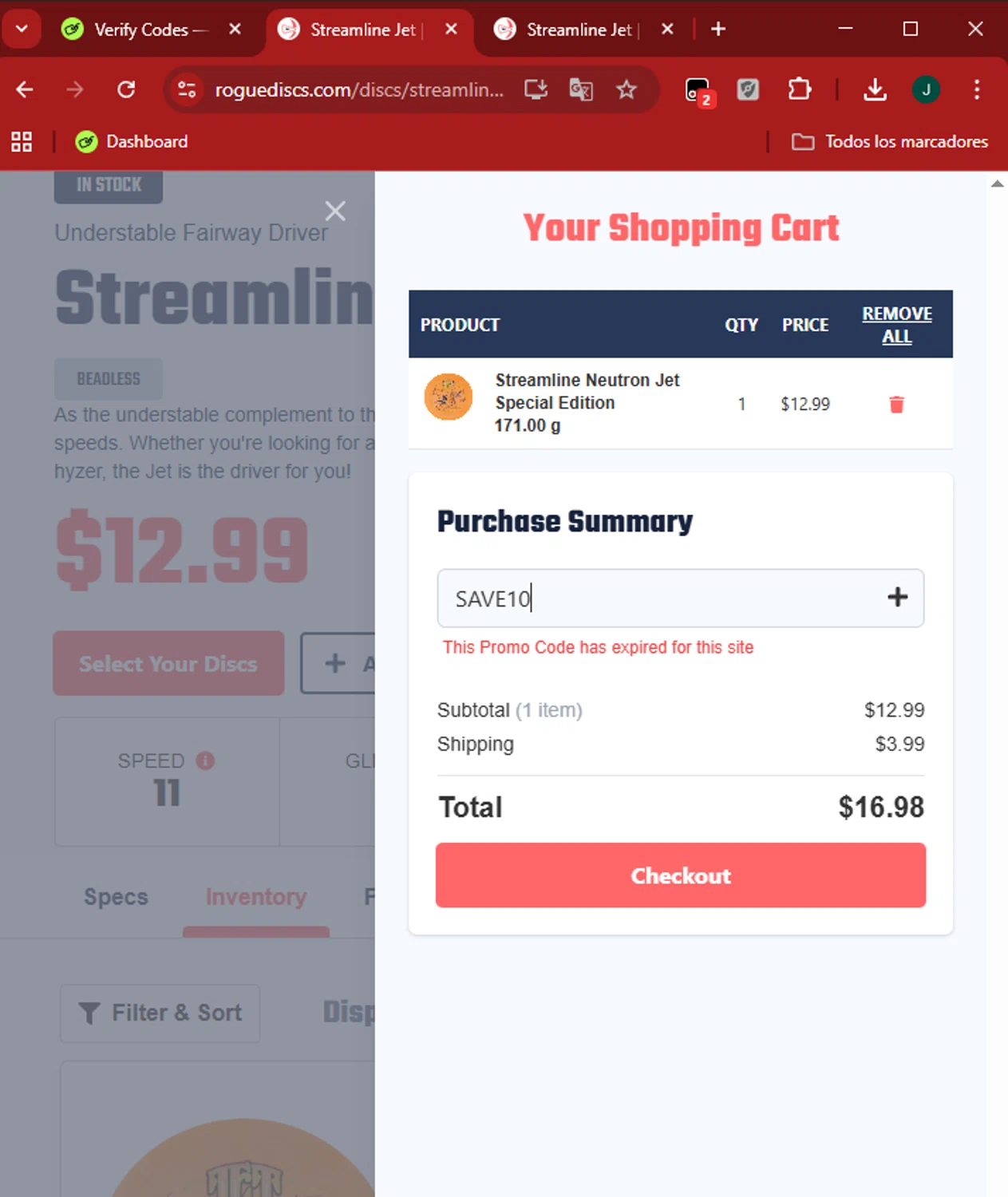 Rogue Discs coupon code screenshot showing code SAVE10 applied at Rogue Discs checkout page. Uploaded by SimplyCodes community member SilverAdmiral2559 on Oct 19, 2025
