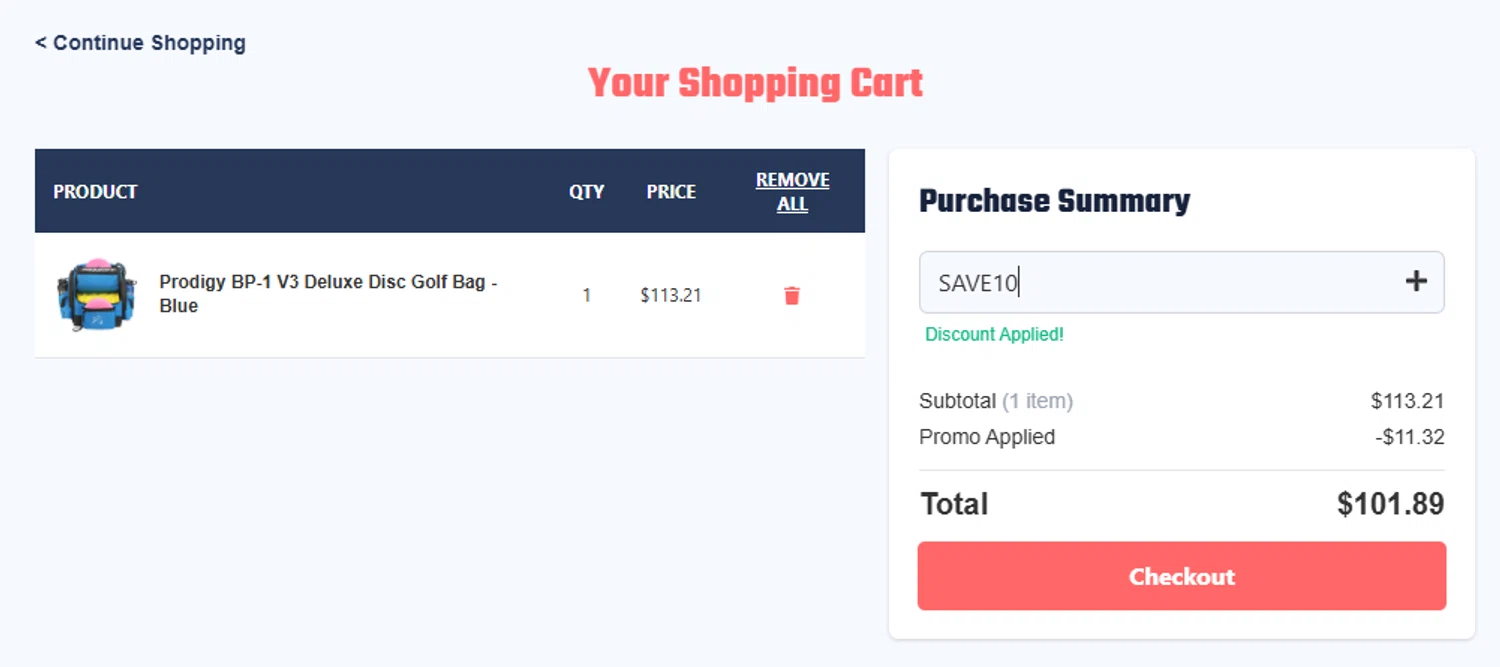 Rogue Discs coupon code screenshot showing code SAVE10 applied at Rogue Discs checkout page. Uploaded by SimplyCodes community member MagnificentCollector7829 on Apr 2, 2025